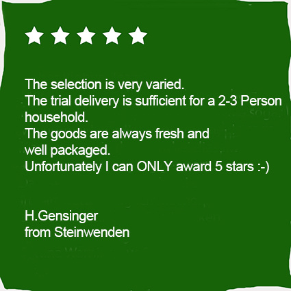 KI generiert: Fünf-Sterne-Bewertung mit positiver Rezension zu Produktauswahl und Qualität. Text: „The selection is very varied...“