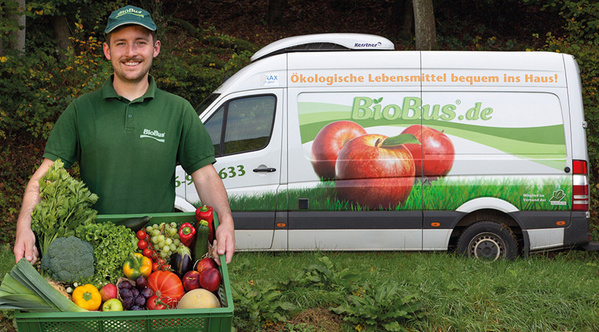 KI generiert: Ein Mann vor einem Lieferwagen hält eine Kiste mit Bio-Gemüse. Text: "Ökologische Lebensmittel bequem ins Haus!"