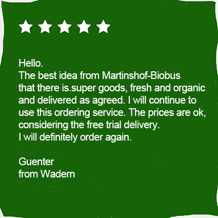 KI generiert: Kundenbewertung: 5 Sterne; Text über positive Erfahrungen mit Martinshof-Biobus.