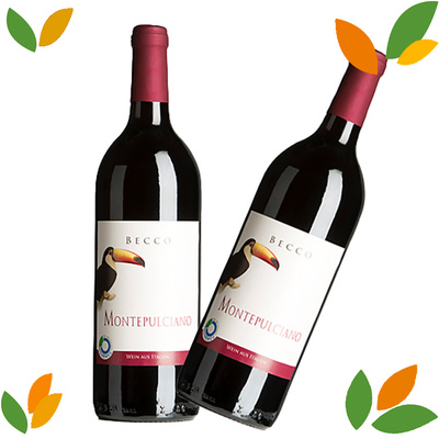 KI generiert: Das Bild zeigt eine Flasche Vermador Wein, auf deren Etikett eine Illustration eines Tieres und der Schriftzug "Monastrell & Syrah" zu sehen sind. Es handelt sich um einen Bio- und veganen Wein.
