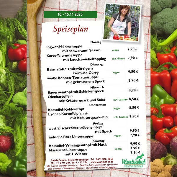 KI generiert: Speiseplan vom 10. - 15.11.2025, zeigt Gerichte mit Preisen und Zutatenhinweisen (vegan, mit Gluten, mit Lactose).