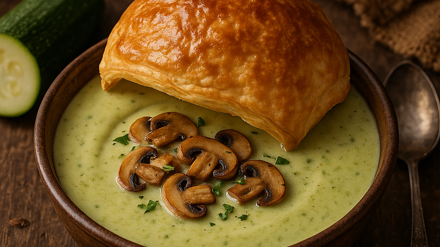 Rezeptbild für Zucchinirahmsuppe mit gebratenen Pilzen und Blätterteigkuppel