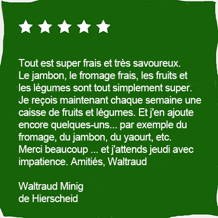 KI generiert: Das Bild zeigt eine 5-Sterne-Bewertung mit einem französischen Text über frische Lebensmittel von Waltraud Minig.