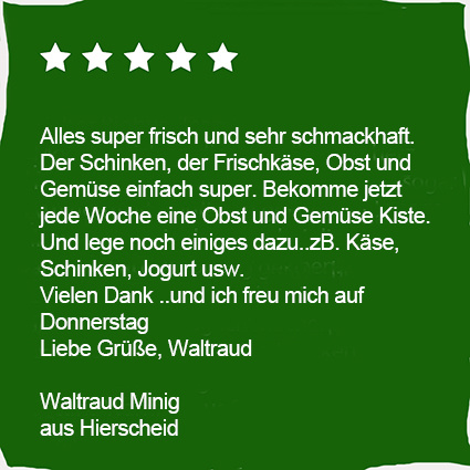 KI generiert: Fünf-Sterne-Bewertung eines Lebensmittel-Lieferdienstes mit positivem Feedback zu Frische und Geschmack.