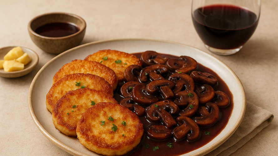 Rezeptbild für Sellerieschnitzel mit Rotweinchampignons