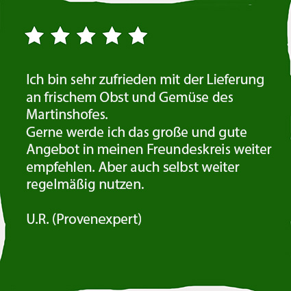 KI generiert: Fünf-Sterne-Bewertung für frisches Obst und Gemüse, Empfehlung und Zufriedenheit von U.R. (Provenexpert).