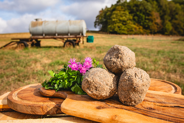 KI-generierte Beschreibung: Hauptinhalt: Korb mit Brot und Blumen auf Holzbrett.