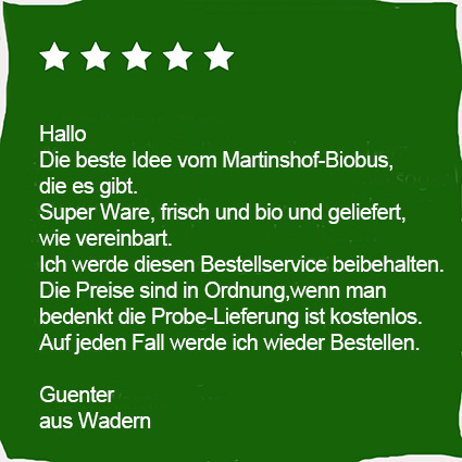 KI generiert: Eine Kundenbewertung lobt den Biobus-Service für frische, biologische Lieferung. Kostenloser Probe-Service.