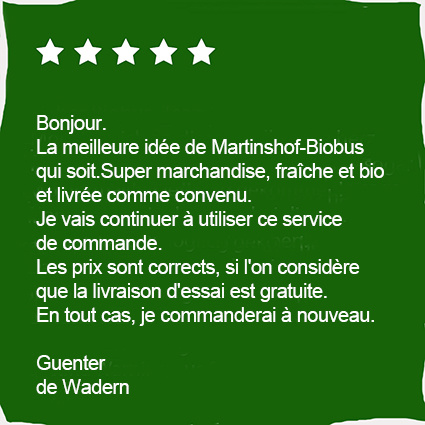 KI generiert: Das Bild enthält eine positive Bewertung von Martins Hofladen mit 5 Sternen.
