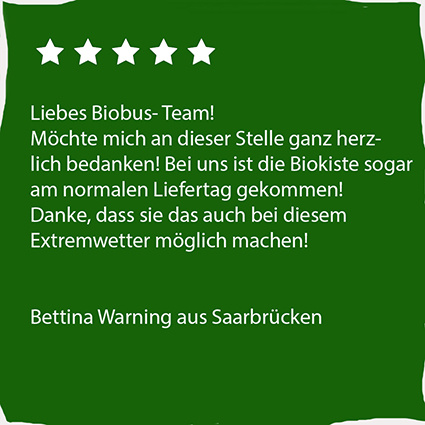 KI generiert: Ein Dankeschön an das Biobus-Team für pünktliche Lieferung trotz Extremwetter.