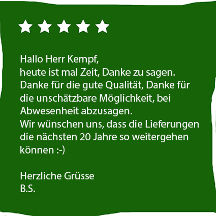 KI generiert: Fünf-Sterne-Bewertung mit Danksagung für gute Qualität und Flexibilität bei Lieferungen.